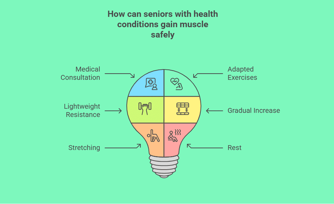 How can seniors with health conditions gain muscle safely