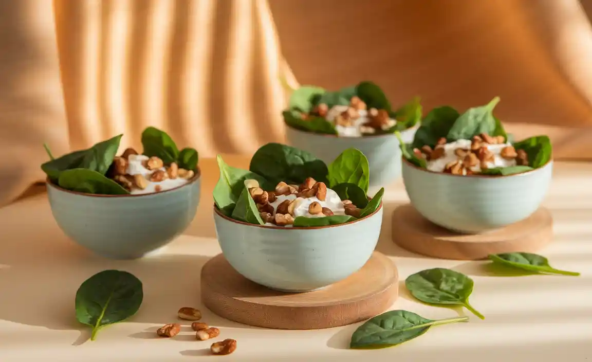 Bowls With Spinach, Nuts, And Probiotics - A Nutrient Boost