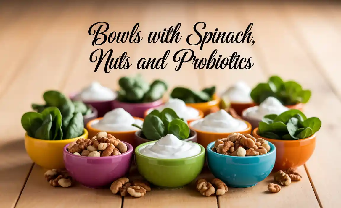 Bowls With Spinach Nuts And Probiotics